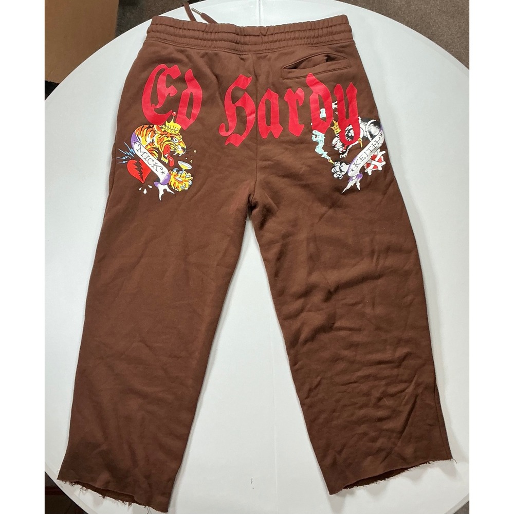 Y2K Ed Hardy Graphic Sweatpants Mens L Brown Tattoo Print Raw Hem Streetwear